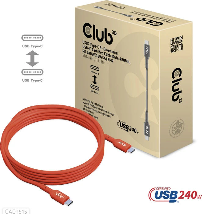 Club 3D USB-C 2.0 Kabel, 480Mb/s, 240W PD EPR, USB-C 2.0 Stecker auf USB-C 2.0 Stecker, 4m