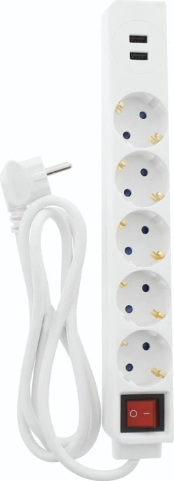 Hama Steckdosenleiste mit Schalter, 5-fach, 2x USB, 1.4m, weiß