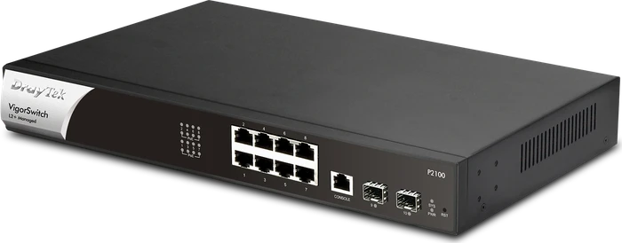 DrayTek VigorSwitch P2100 Desktop Gigabit Managed Switch, 8x RJ-45, 2x SFP, 140W PoE+