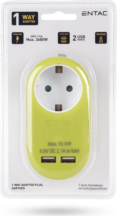 Entac Steckdosenadapter mit 2x USB-A, 1-fach, Lime