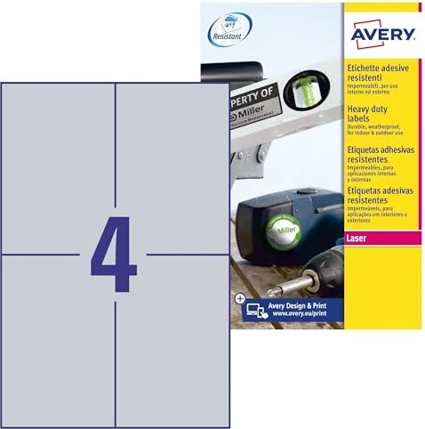 Avery-Zweckform Typenschildetiketten, A6, wetterfest, silber, matt, 20 Blatt (80 Etiketten)