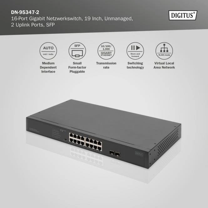 Digitus DN-953 Rackmount Gigabit Switch, 16x RJ-45, 2x SFP, 250W PoE+