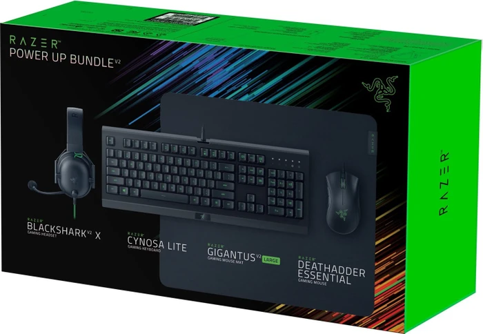Razer Power Up Bundle V2 Gaming Set, Cynosa Lite, DeathAdder Essential, Gigantus V2 L, BlackShark V2 X, USB, DE