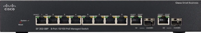 Cisco SF300 Desktop Managed Switch, 8x RJ-45, 2x RJ-45/SFP, 62W PoE