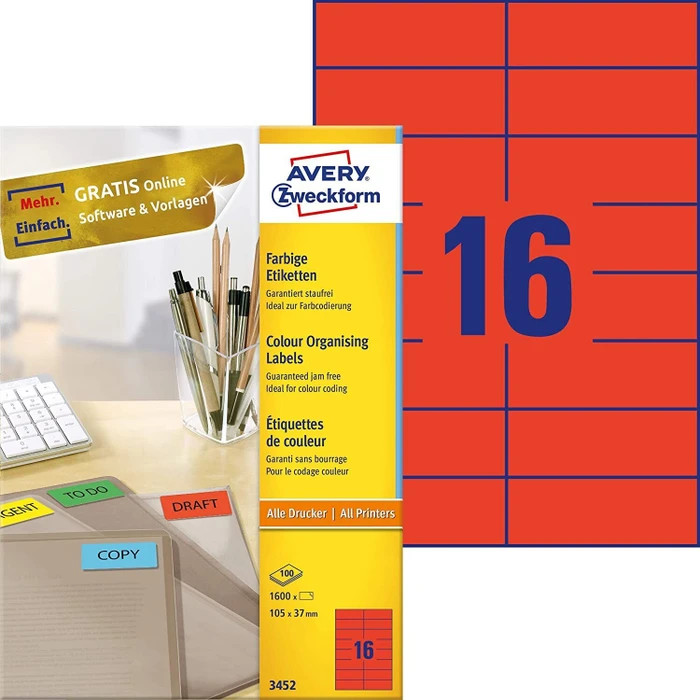 Avery-Zweckform Ordneretiketten, 105x37mm, rot, 100 Blatt (1600 Etiketten)