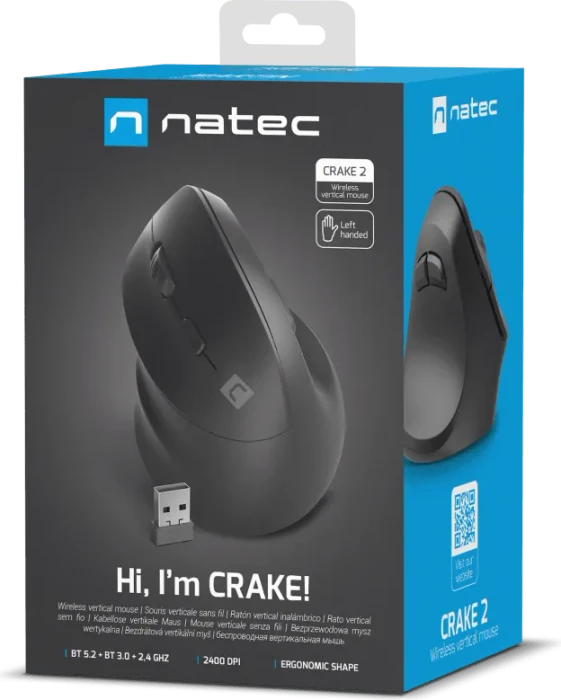 Natec Crake 2 Vertical Wireless Mouse schwarz, Linkshänder, USB/Bluetooth