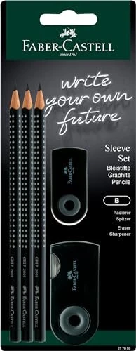 Faber-Castell Sleeve Bleistift B graphit, schwarz, Radierer, Anspitzer, 5er-Set