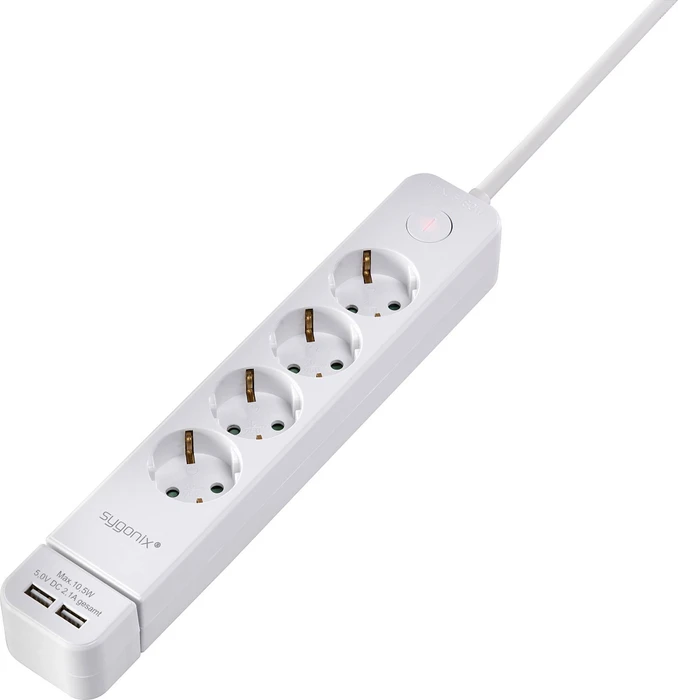 Sygonix Steckdosenleiste mit Schalter, 5-fach, mit abnehmbarem 2x USB-Ladegerät, 1.4m, weiß