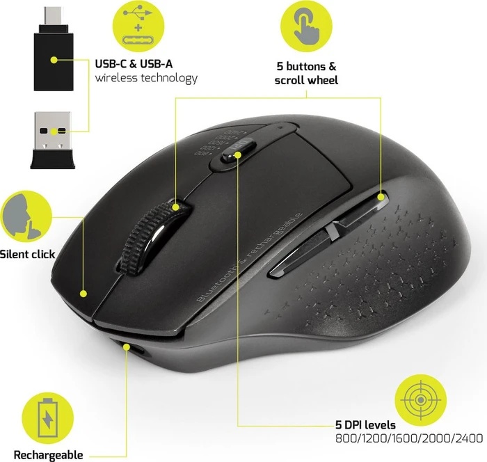 Port Designs Wireless Rechargeable Office Mouse, USB/Bluetooth