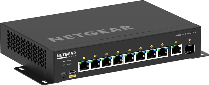 Netgear AV Line M4250 Desktop Gigabit Managed Switch, 9x RJ-45, 1x SFP, 110W PoE+