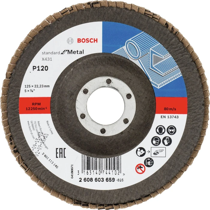 Bosch Professional X431 Standard for Metal Fächerschleifscheibe gewinkelt K120, 125x22.23mm, 1 Stück