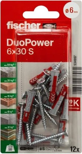 fischer DuoPower 6x30 S K Schrauben/Dübel-Sortiment, 12 Stück