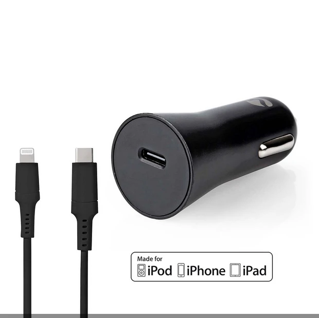 Nedis 20W USB-C Kfz-Schnellladegerät mit Power Delivery inkl. 1.0m Lightning-Kabel schwarz