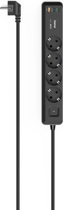 Hama Steckdosenleiste mit Schalter, 4-fach, 1x USB-A/2x USB-C 65W USB-PD, 1.4m, schwarz/grau