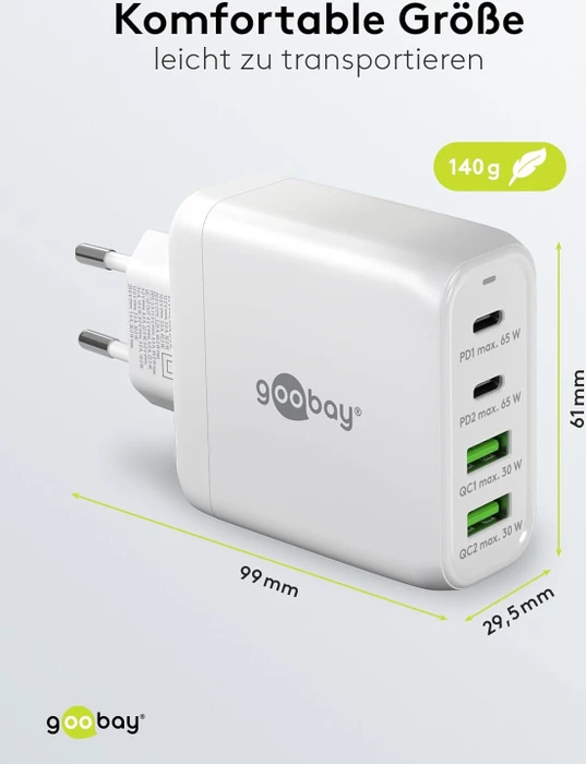 goobay 4-Port GaN Netzteil, USB-C/USB-A, 2x USB-C + 2x USB-A, 68W, weiß
