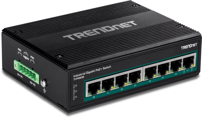TRENDnet TI Hardened Industrial Railmount Gigabit Switch, 8x RJ-45, 200W PoE+