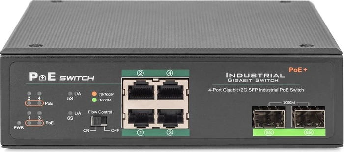 Digitus Professional DN-651 Industrial Railmount Gigabit Switch, 4x RJ-45, 2x SFP, PoE+