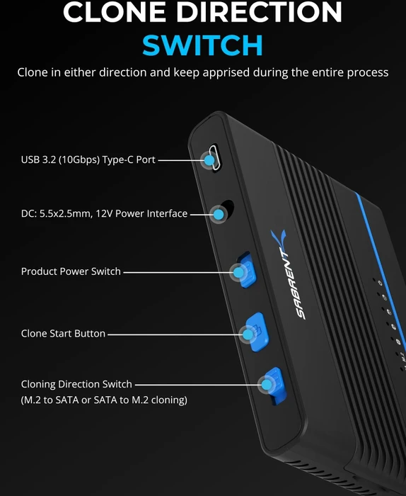 Sabrent PCIe NVMe + 2.5/3.5" SSD/HDD Converter, M.2 Dockingstation mit Klon-Funktion, USB-C 3.1
