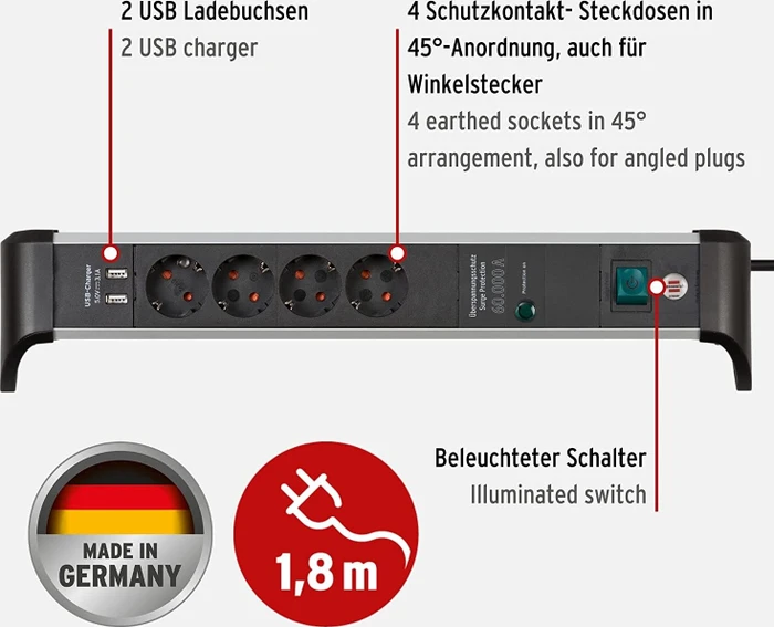 Brennenstuhl Alu-Office-Line Tischsteckdose mit Überspannungsschutz und USB-Ladefunktion, 4-fach, 1.8m, schwarz/silber