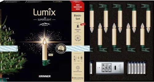 Krinner Lumix Superlight mini Flame Christbaumkerzen Basis-Set elfenbein LED 12x warmweiß, 12 Stück