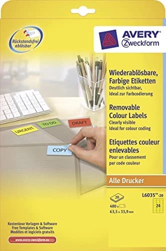 Avery-Zweckform Ordneretiketten, 63.5x33.9mm, ablösbar, gelb, 20 Blatt (480 Etiketten)