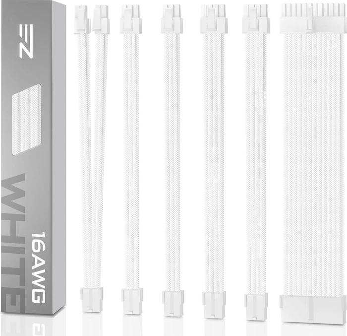 EZDIY-FAB Cable Extension Kit, 1x 24-Pin, 1x 4/8-Pin ATX, 2x 6-Pin PCIe, 16AWG, 2x 8-Pin PCIe, 16 AWG Nylon, weiß (weiße Anschlüsse)