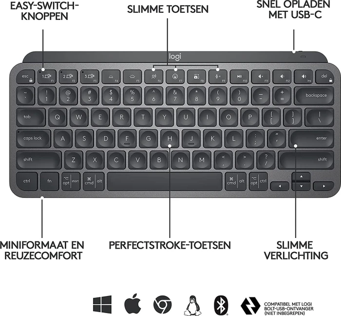 Logitech MX Keys Mini, LEDs weiß, Logi Bolt, Graphite, schwarz, USB/Bluetooth, US