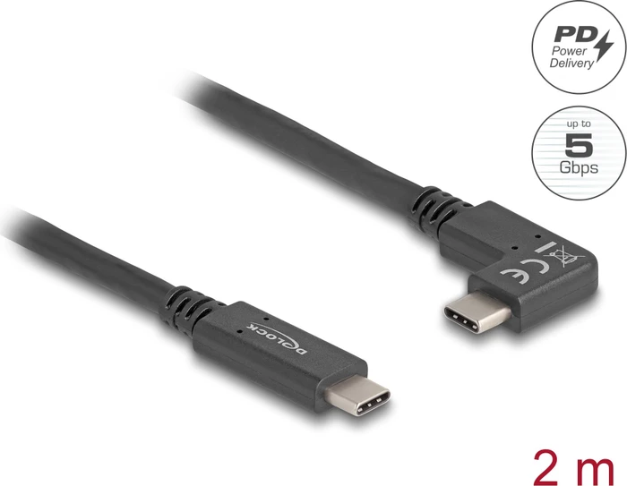 DeLOCK USB-C auf USB-C Kabel, USB 3.0 mit DP, 5Gb/s, 4K, 60W USB PD, links gewinkelt, E-Marker, schwarz, 2m