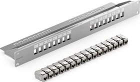 deleyCON Patchpanel für Keystone Module 19", 1HE, inkl. RJ-45 Cat6a Module, 16-Port, 19", 1HE