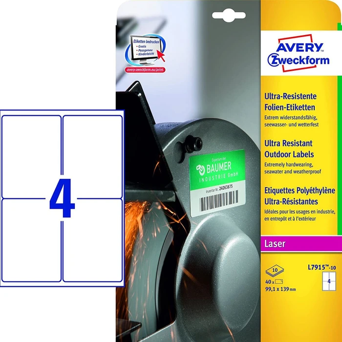 Avery-Zweckform Folienetiketten ultra resistent, 92.1x139mm, wetterfest, weiß, 10 Blatt (40 Etiketten)