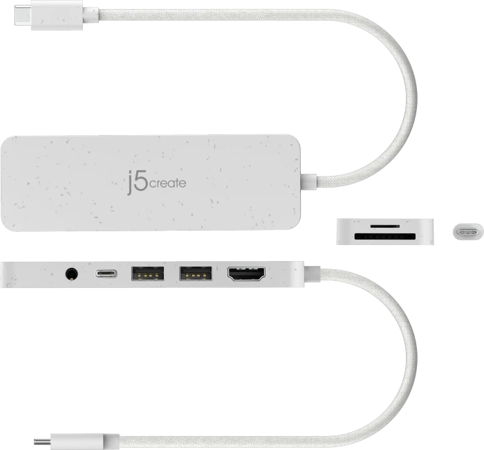 j5create Eco-Friendly 7-in1 USB-C Multi-Port Hub with Power Delivery weiß, USB-C 3.0 [Stecker]