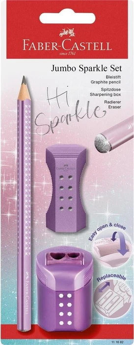 Faber-Castell Jumbo Sparkle Set (versch. Farben) Bleistift B graphit, metallic, Radierer, Anspitzer, 3er-Set (111682)