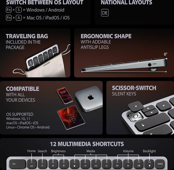 Axagon 9in1 Keyboard Hub, Docking Station mit Tastatur, USB-Hub, Dual-Slot-Cardreader, DE, USB-C 3.0 [Buchse]
