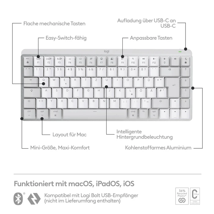 Logitech MX Mechanical Mini for Mac, Pale Grey, Logi Bolt, Kailh Choc V2 LOW PROFILE BROWN, USB/Bluetooth, CH
