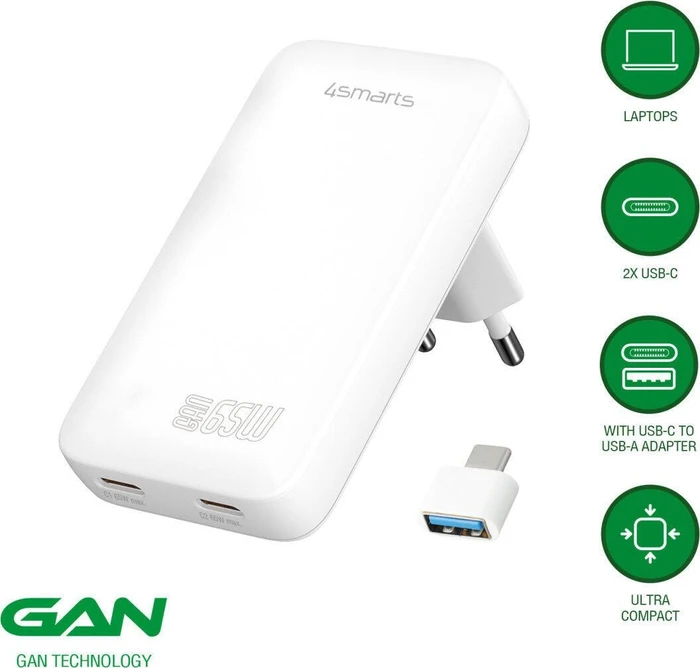 4smarts Netzladegerät FlatPlug Slim Dual 65W GaN 2C weiß