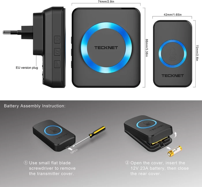TeckNet WA878 Plug-In schwarz, Funk-Türklingel und Türgong, 2er-Set