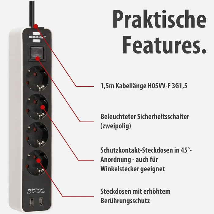 Brennenstuhl Ecolor mit USB-Ladefunktion, 4-fach, 2x USB-C, mit Schalter, 1.5m, weiß/schwarz