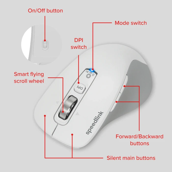 Speedlink Velora Rechargeable Wireless Mouse, weiß/grau, USB/Bluetooth