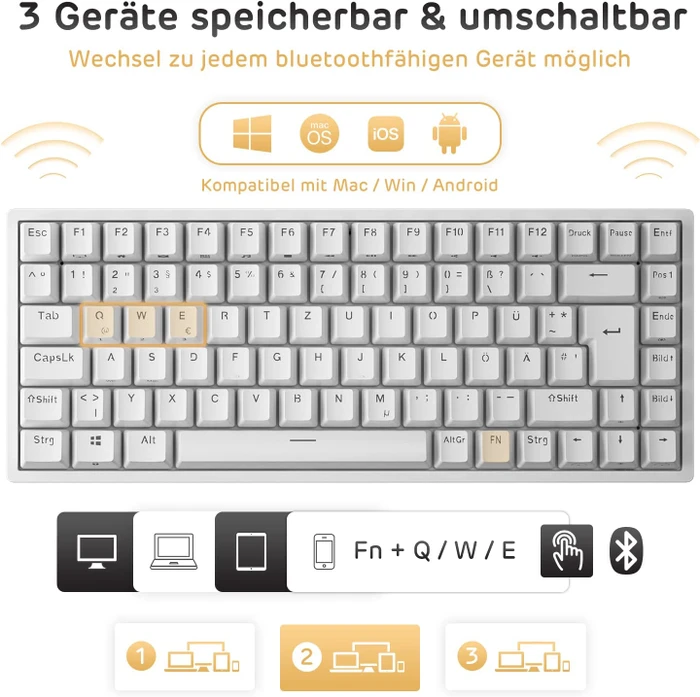 RK Royal Kludge RK84 75% Wireless, weiß, LEDs RGB, hot-swap, RK BROWN, USB/Bluetooth, DE