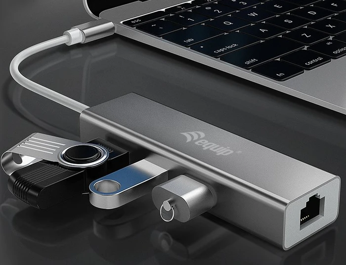 Equip 3-Port-USB-Hub mit Gigabit Adapter, USB-C 3.0 [Stecker]