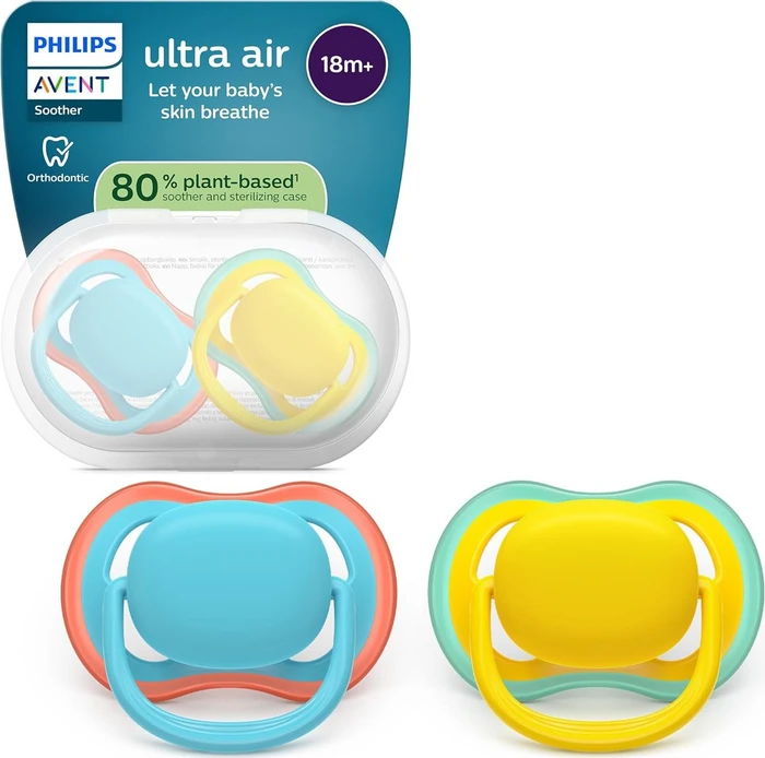 Philips Avent SCF349/57 Ultra Air Beruhigungsschnuller, 18+M, Silikon, blau/gelb, 2 Stück