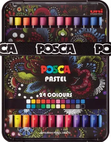 Uni-Ball POSCA Pastel KPA-100 Pastell Wachsmalstift sortiert, Metalletui, 24er-Set