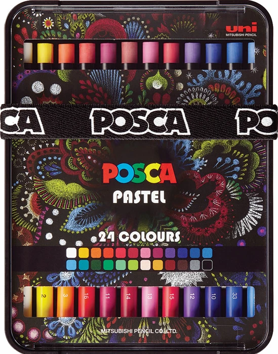 Uni-Ball POSCA Pastel KPA-100 Pastell Wachsmalstift sortiert, Metalletui, 24er-Set