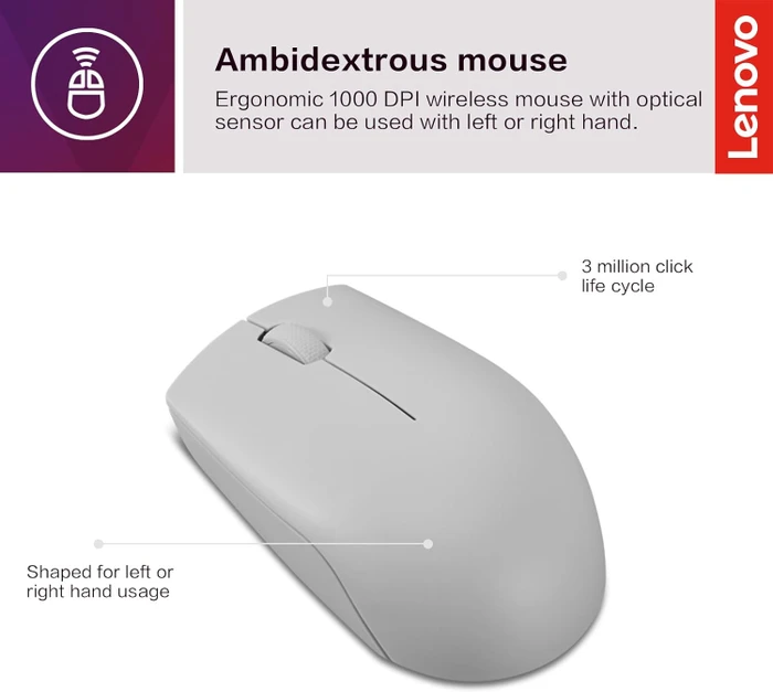 Lenovo 300 Wireless Compact Mouse Arctic Grey, USB