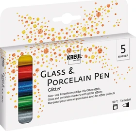 Kreul Glass & Porcelain Pen Glitter medium 5 Farben/rot/blau/hellgrün/anthrazit, 5er-Set, Kartonbox