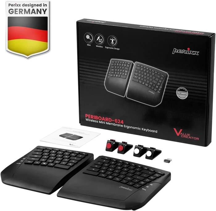 Perixx Periboard-624B Wireless Ergonomic Split Keyboard, TKL, schwarz, US