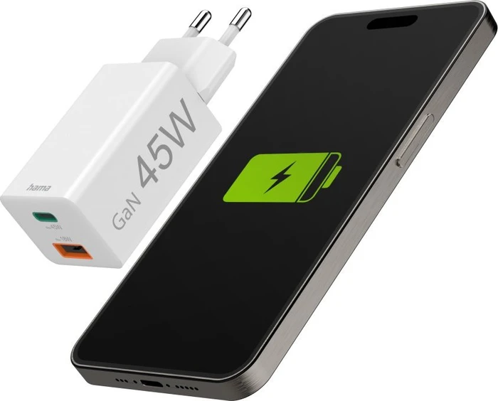 Hama GaN Schnellladegerät, USB-C/USB-A, 1x USB-C + 1x USB-A, 45W, weiß