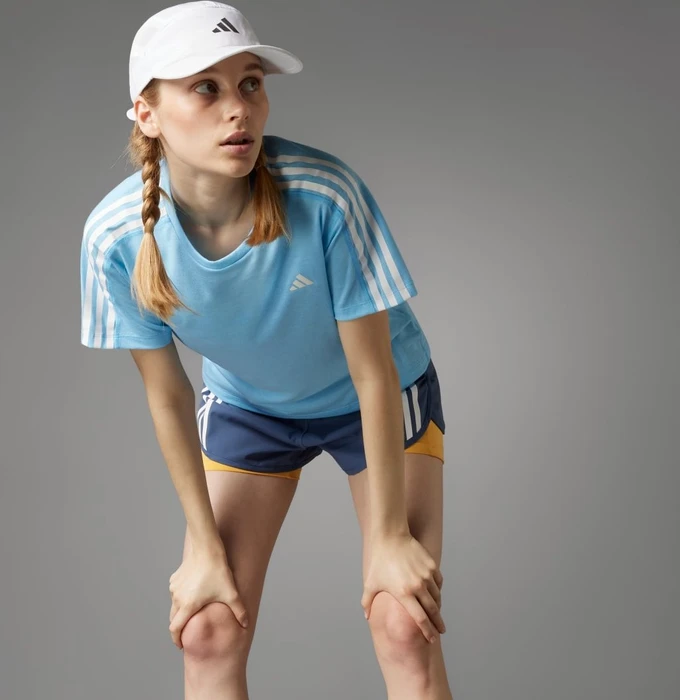 adidas Own The Run 3-Streifen Laufshirt kurzarm blue blink (Damen)