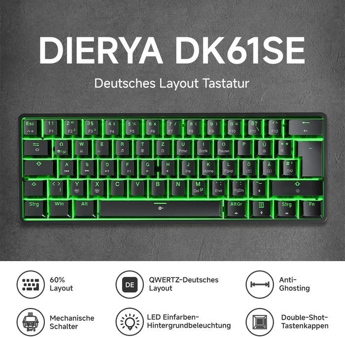 Dierya DK61SE, 60%, schwarz, LEDs grün, BLUE Switches, USB, DE