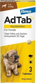 Elanco AdTab Hund 1.3-2.5kg Kautabletten gegen Zecken und Flöhe, 3 Stück